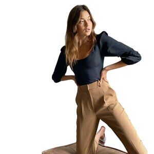 Aritzia Wilfred Serenade Black Taffeta 3/4 Puff Sleeve Smocked Back Top Size M